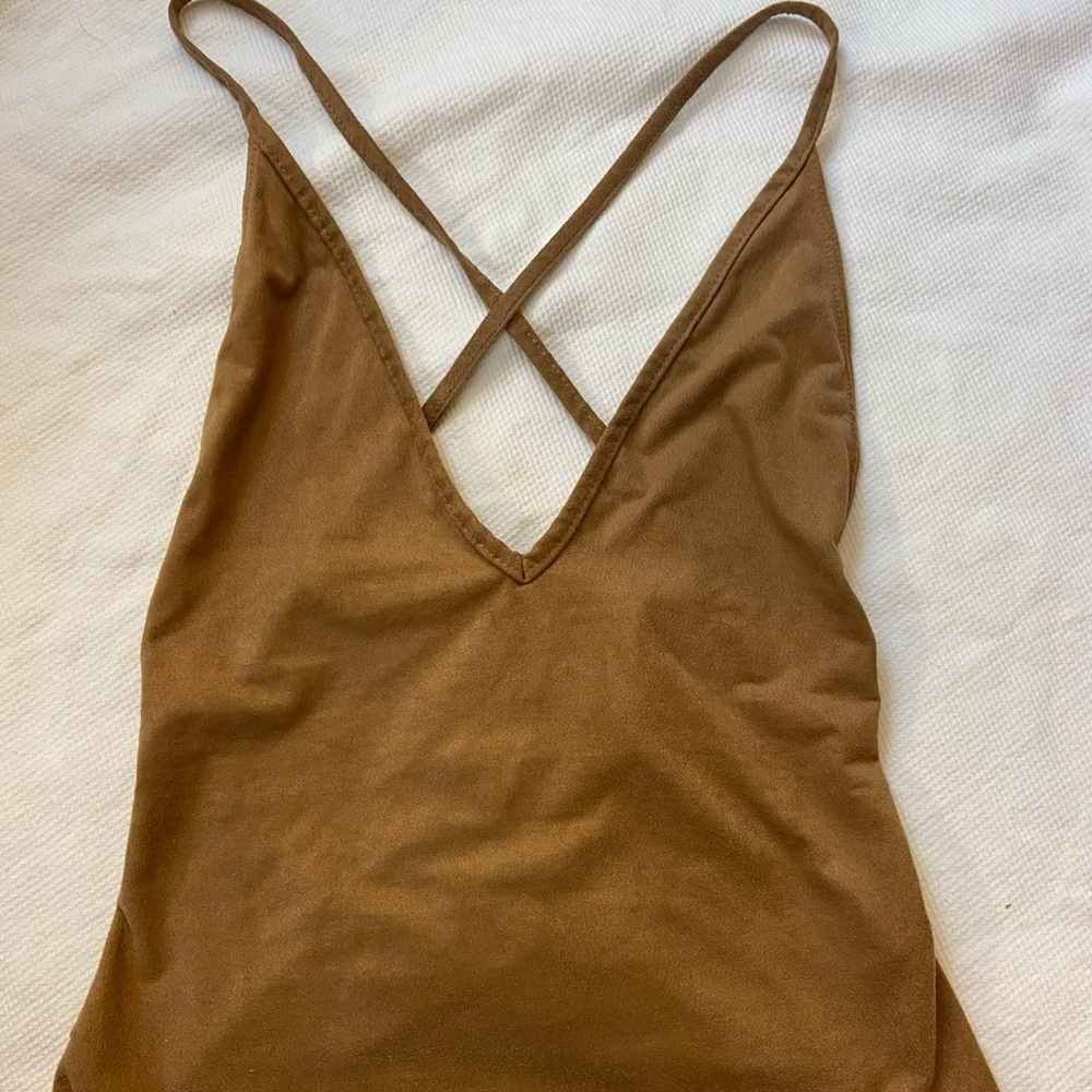 Brown tan suede Planet blue body suit